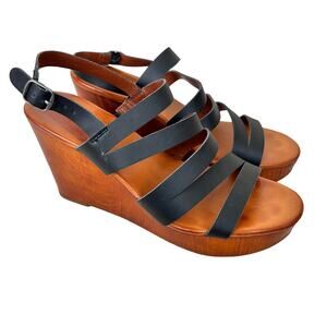 Lucky Brand Marina Black Leather Strappy Wood Wedges Sz 9.5
